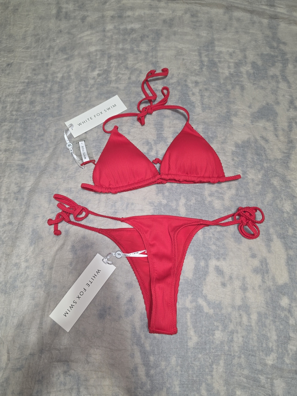 White Fox Boutique Red Ribbed Tie-Side Bikini
